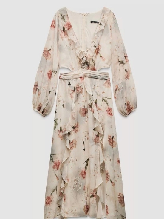 Zara Dresses & Skirts - Zara Floral Cut-Out Ruffle Dress Cream Multicoloured Size XS